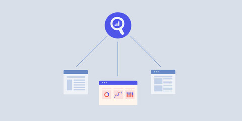 Business intelligence software application tracking website data, online traffic, user interaction and conversion analytics report, vector illustration.