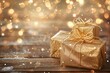 Christmas gift boxes on wooden background with golden bokeh lights