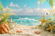 A beach scene with a wave and two starfish