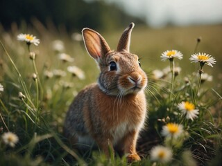 Wall Mural - Close-up of a little rabbit sitting on a meadow with grass and flowers