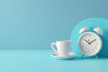 A Clock And A Coffee Cup Are Placed On A Blue Background