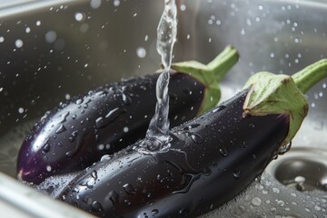 Wall Mural - Washing eggplants under running water, concept of food disinfection and hygiene or healthy eating