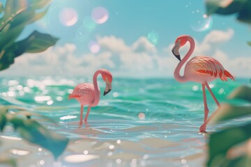 pink flamingos standing in the water in front of a blue sky