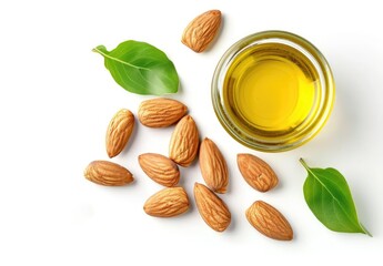 Almond oil and almond nuts isolate on white background