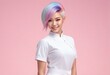 Beautiful asian woman with colorful hair on pink background, beauty and fashion concept