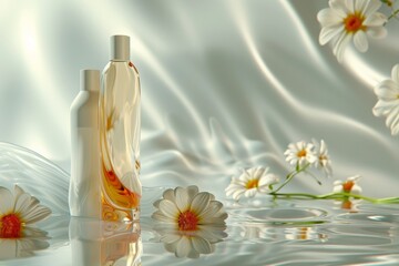 Two bottles of perfume are displayed on a table next to a vase of white flowers