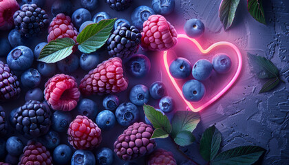 Wall Mural - Raspberries and blackberries with a neon heart on a beautiful background.