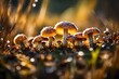 A mesmerizing closeup of tiny forest mushrooms nestled in autumn grass, glistening with dewdrops.