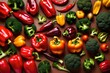 Collection of fresh vegetables, red, yellow, green bell peppers, and broccoli