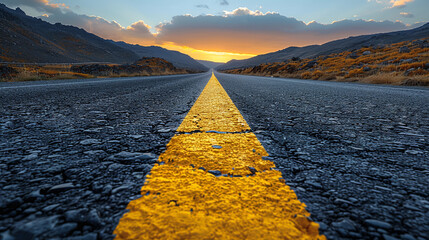 Photo of empty asphalt road with yellow dividing strip in the middle against sunset background. View from the yellow stripe