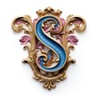 letter s in gold, satin, blue and pink, in the style of intricate details, bright glazes, luxurious wall hangings, luminous sfumato, detailed and ornate designs, rusticcore, bronze playfulness