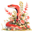 Hand drawn cartoon illustration of cute red zodiac snake among flowers
