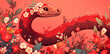 Hand drawn cartoon illustration of cute red zodiac snake among flowers
