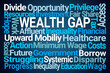 Wealth Gap Word Cloud on Blue Background
