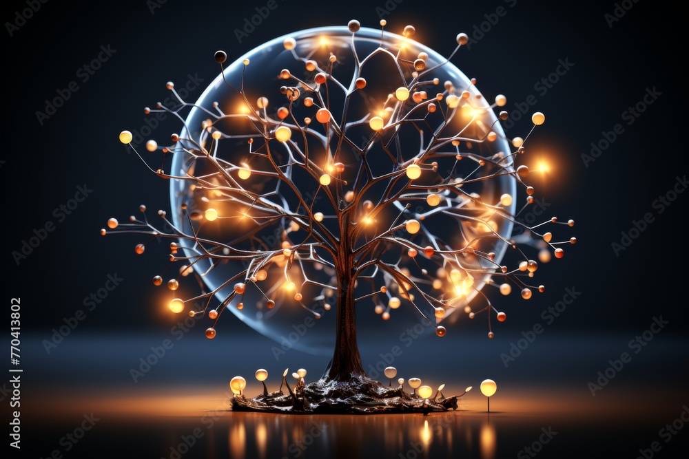 Generative AI illustration of model of human brain tree with glowing ...