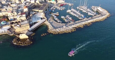 Poster - Panoramic Aerial View of Acco, Acre, Akko old city with crusader palace, city walls, arab market, knights hall, crusader tunnels, in Israel. Green Roof Al Jazzar Mosque