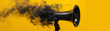 A megaphone caught in digital disintegration, black smoke swirling against yellow, represents the fading of traditional voices in a digital world.