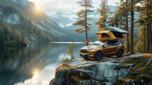 A Car Is Parked In The Forest On A Cliff Overlooking The Lake And There Is A Tent On The Roof Of The Car. Generative AI.