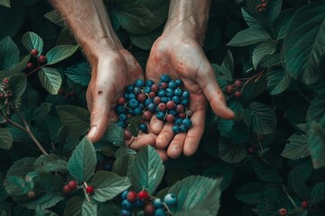 Hands holding freshly foraged berries in the wild.
