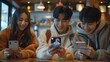 Happy friends browsing social media on smartphone in a cafe, Generative AI