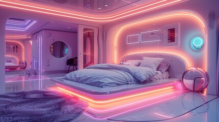 Wall Mural - A futuristic space-age bedroom with neon lighting. Generative AI.