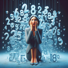 Wall Mural - scared businesswoman surrounded by numbers
