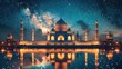 Beautiful mosque behind starry night. Generative AI.