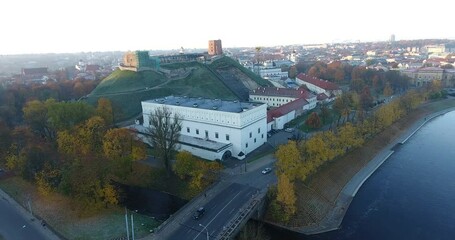 Sticker - River Neris, Gediminas Tower in Vilnius City, Lithuania. Vilnius Old Town.