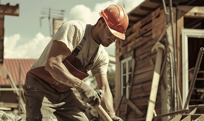 Close-up of construction worker holding a hammer in his hand