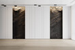 Contemporary black white empty interior with rock stone wall and moldings. 3d render illustration mockup.