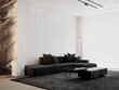 White contemporary minimalist interior with black sofa, rock wall, carpet and decor. 3d render illustration mockup.