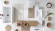 mood board for a bathroom design project, white tiles, wood finished, warm lighting 