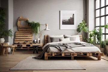Wall Mural - Modern bedroom in a loft Urban apartment with pallet bed scandinavian eco design.
