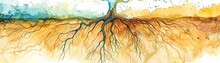 A Network Of Roots Underground Symbolizing Earth Day, Detailed Watercolors, Cross-section View, Vibrant Earth Tones