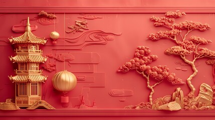 Traditional light red lantern relief mural poster background