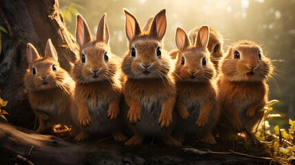Wall Mural - group of rabbits are standing in the woods and looking to the camera