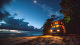 Fototapeta Mapy - Camper van at seaside beach at night. Cozy atmosphere and lighting from inside the van. Calm. Zen. Travel. Tourism. 