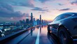 ev car driving on the road against the backdrop of the city by AI generated image