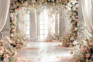 Wall Mural - Wedding ceremony background decoration with plant and bouquets flowers, empty scene for wedding in the garden, beautiful event in outdoor and open air.