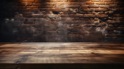 Wall Mural - wooden table top on dark brick wall background