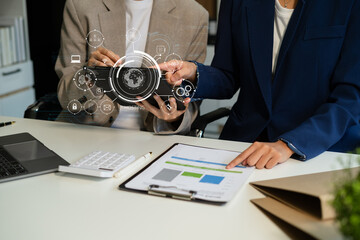 Wall Mural - Business team using computer, tablet and presses his finger on the virtual screen inscription Hosting on desk, Web hosting concept, Internet, business, digital technology concept.