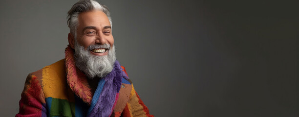 Wall Mural - A man with a beard and a colorful scarf is smiling. He is wearing a multicolored jacket and a scarf. Happy elderly fashion model with grey full hair, mature and happy man in colorful close-up portrait