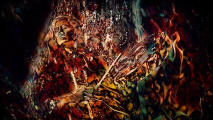 Poster - beautiful shamanic girl playing on shaman frame drum in the nature. Fire background. Loop Animation.