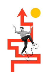 Sticker - Creative vertical photo collage young dancing happy man labyrinth way arrow up increase development improvement white background