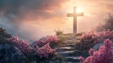 Fototapeta  - an easter religious digital backdrop, with cross and spring flowers