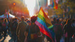 A person holding a rainbow flag in a crowd of people, focusing on a proudly raised rainbow flag, AI Generated Images