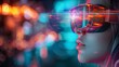 girl wearing virtual reality glasses with a VR head unit shrouded in digital data and neural networks. Bokeh and digital space background. Concept: symbol of immersion in the technological world