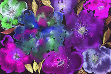 Psychedelic Watercolor Flowers With Beautiful Colors. The Dabbing Technique Near The Edges Gives A Soft Focus Effect Due To The Altered Surface Roughness Of The Paper.