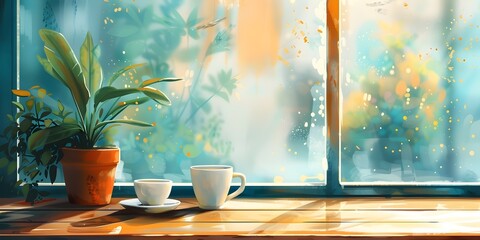 Sticker - A cozy caf scene with a view of the rainy outside through a window offering a moment of tranquility and