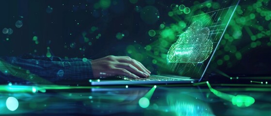 Hand typing on laptop with abstract connection cloud computing data transfer